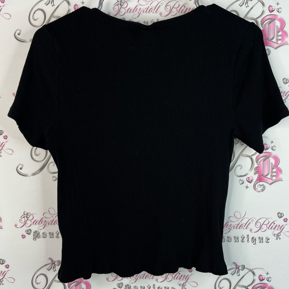 H&M tshirt button up tee stretchy Black Ribbed Short Sleeve Top - Picture 2 of 9